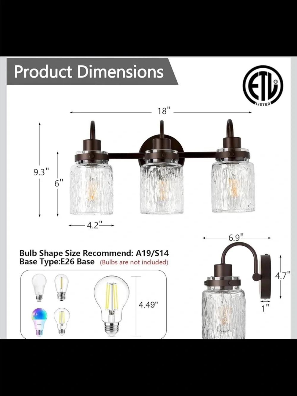 3-Light Hammered Glass Bathroom Vanity Light - Oil Rubbed Bronze - New in Box